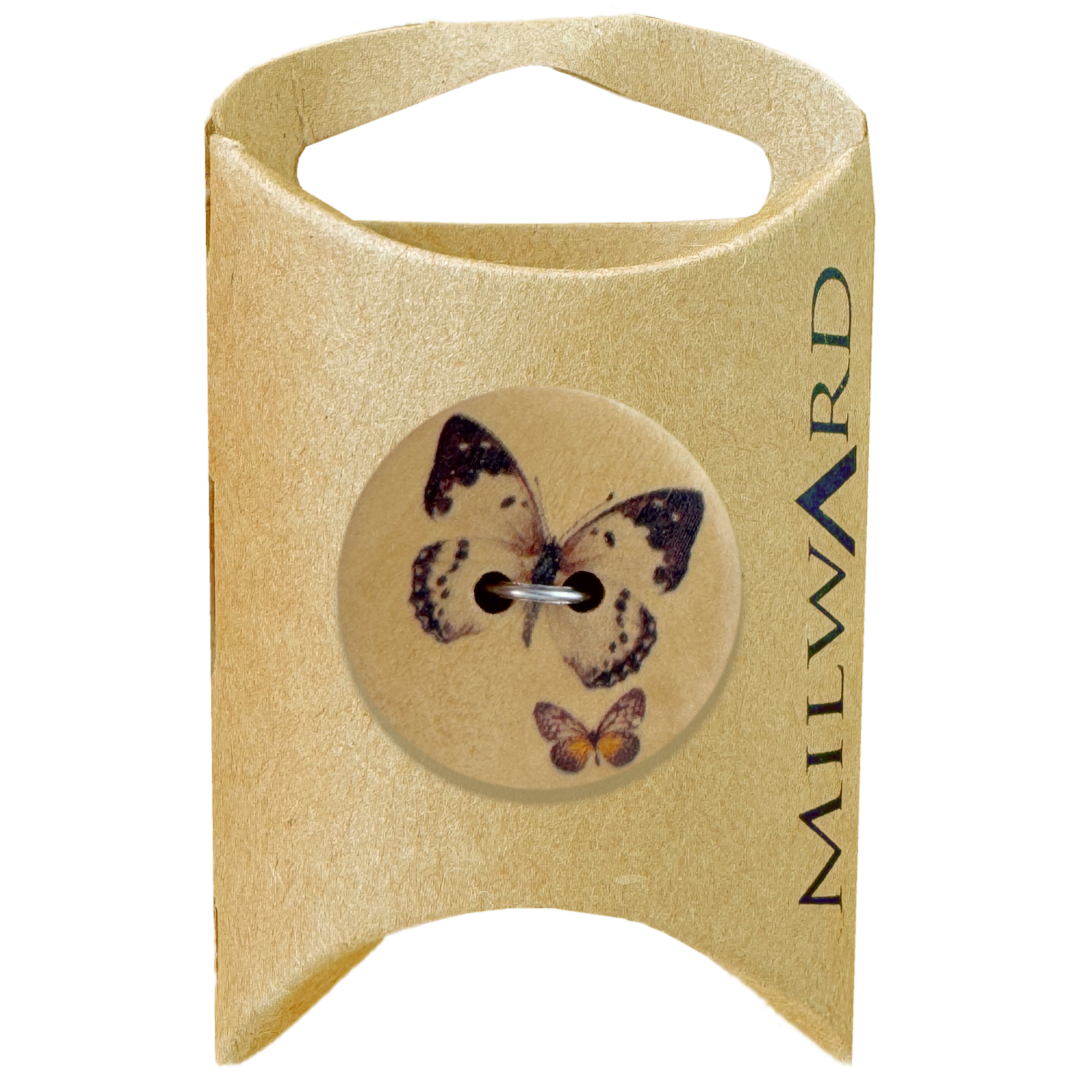 milward-green-carded-light-brown-25mm-40L-wooden-2-hole-butterfly-print-butto-heits-wholesale-MGB501 Milward Green Carded Light Brown 25mm (40L) Wooden 2-Hole Butterfly Print Button - Image 1