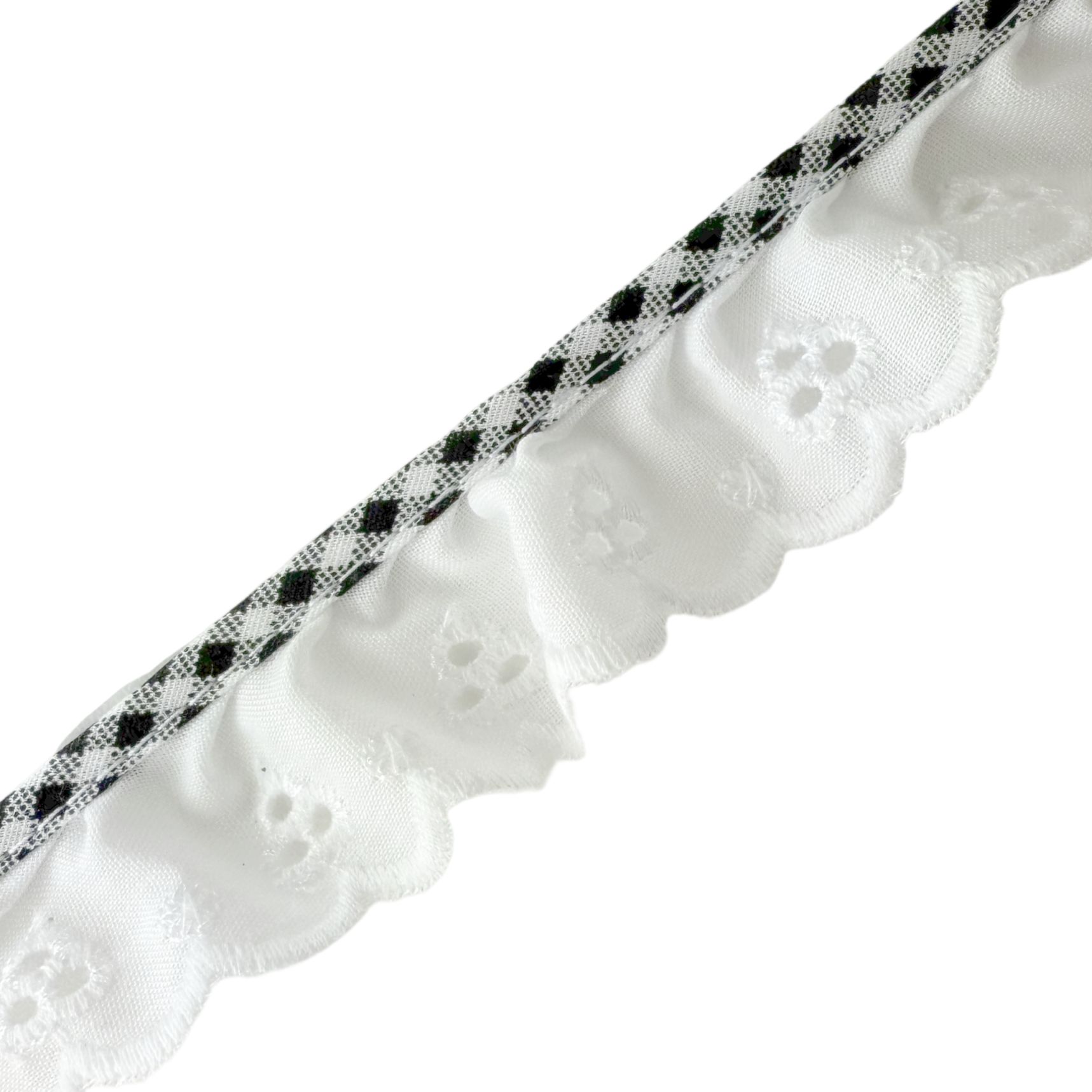 black-1-inch-white-ruffled-eyelet-with-ginham-binding-heits-wholesale-ERM999 White Ruffled Eyelet With Flowers And Detailed Edge - Image 1