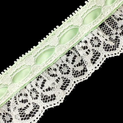Ruffled Lace With 5/8" Beaded Ribbon - The Spool (50 Yards), Mint On White