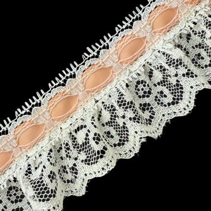 Ruffled Lace With 3/8" Beaded Ribbon - The Spool (24 Yards), Peach On Ivory