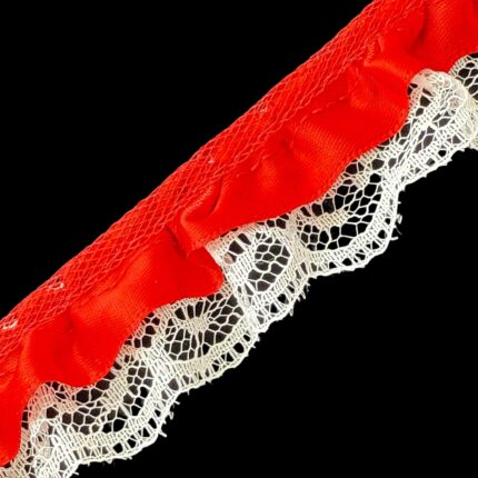 Ruffled Lace With 5/8" Gathered Ribbon - The Spool (50 Yards), Red On White