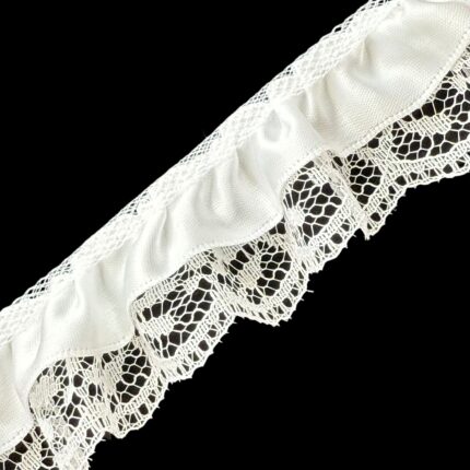 Ruffled Lace With 5/8" Gathered Ribbon - The Spool (50 Yards), Navy On White